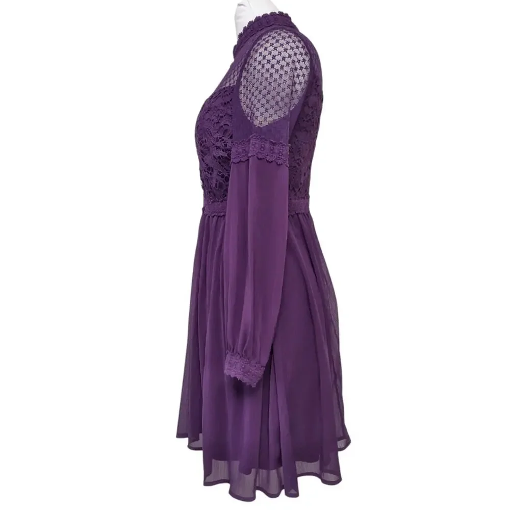 Girls Purple Party Dress Juniors Size M Sheer Chiffon Lace Crochet A-line Sheer